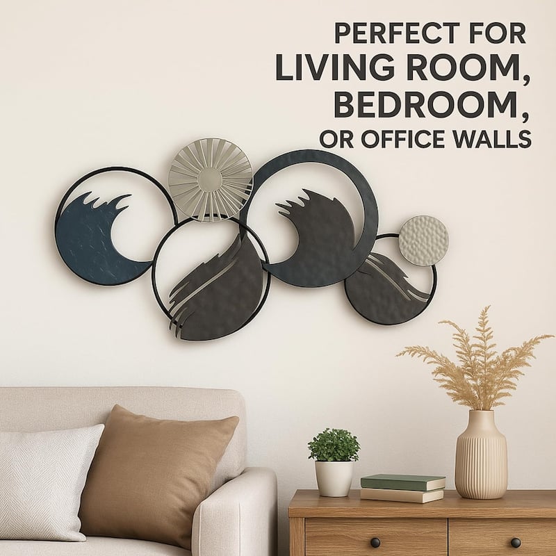 Ocean Ring Metal Wall Art Blue Grey Coastal Decor 35"x20" Horizontal