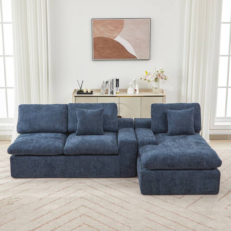 107-In Modern Chenille Sectional Sofa,Living Room Sofa with Double-layer Cushion & Side Pockets