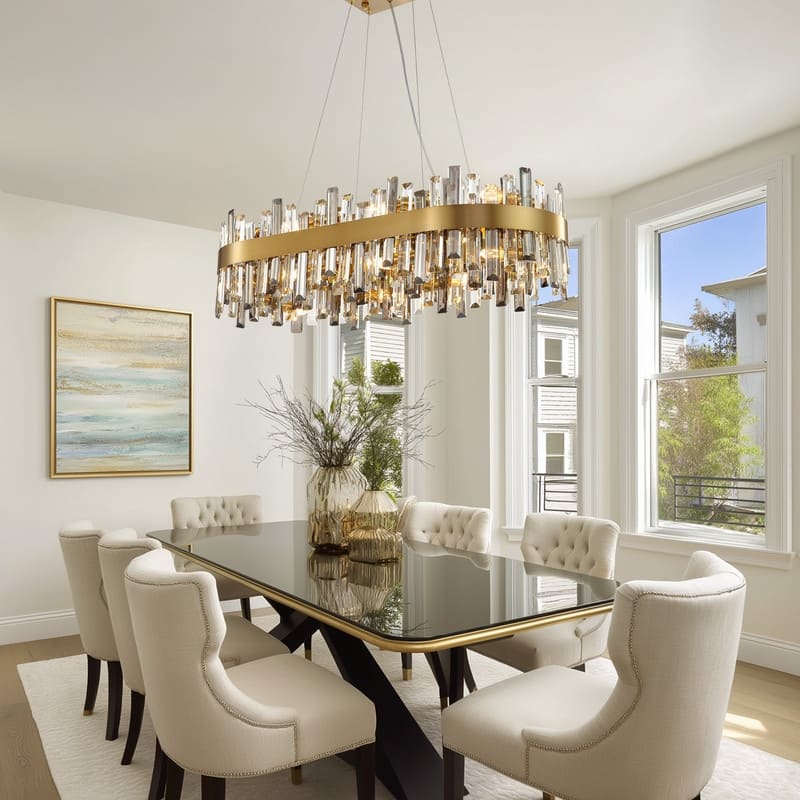 35.4'' Modern Crystal Chandelier 16-Light Rectangle Gold Brass Chandelier Luxury 2-Tier Crystal Pendant Light for Kitchen Island