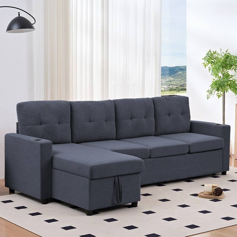 Mixoy 101"Linen 4-Seater Modular Sofa with Storage Chaise,Sleeper Sofa with Pull-out Bed