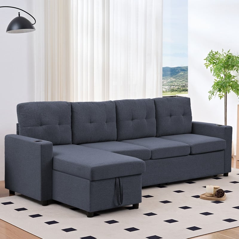 Mixoy 101"Linen 4-Seater Modular Sofa with Storage Chaise,Sleeper Sofa with Pull-out Bed