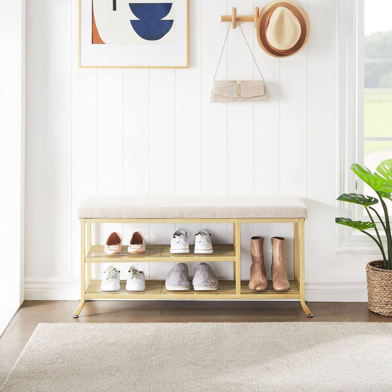 Ail Mid-century Modern Shoe Rack Bench with Padded Seat