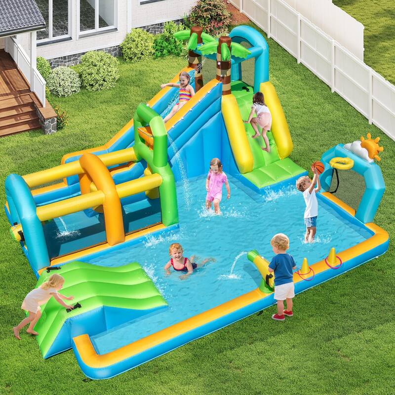 Costway Inflatable Water Park with Climbing Wall Basketball Rim Target - Multi-Colored