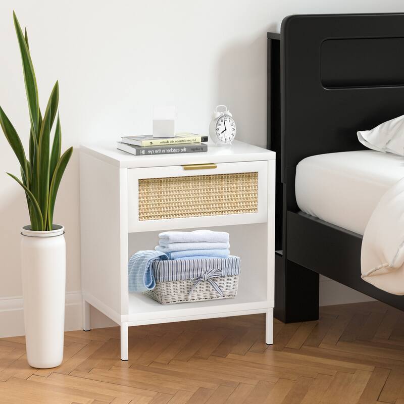 Anmytek Mid-Century Modern 1-Drawer White Nightstand Wood Bedside Table with Storage Shelf for Bedroom
