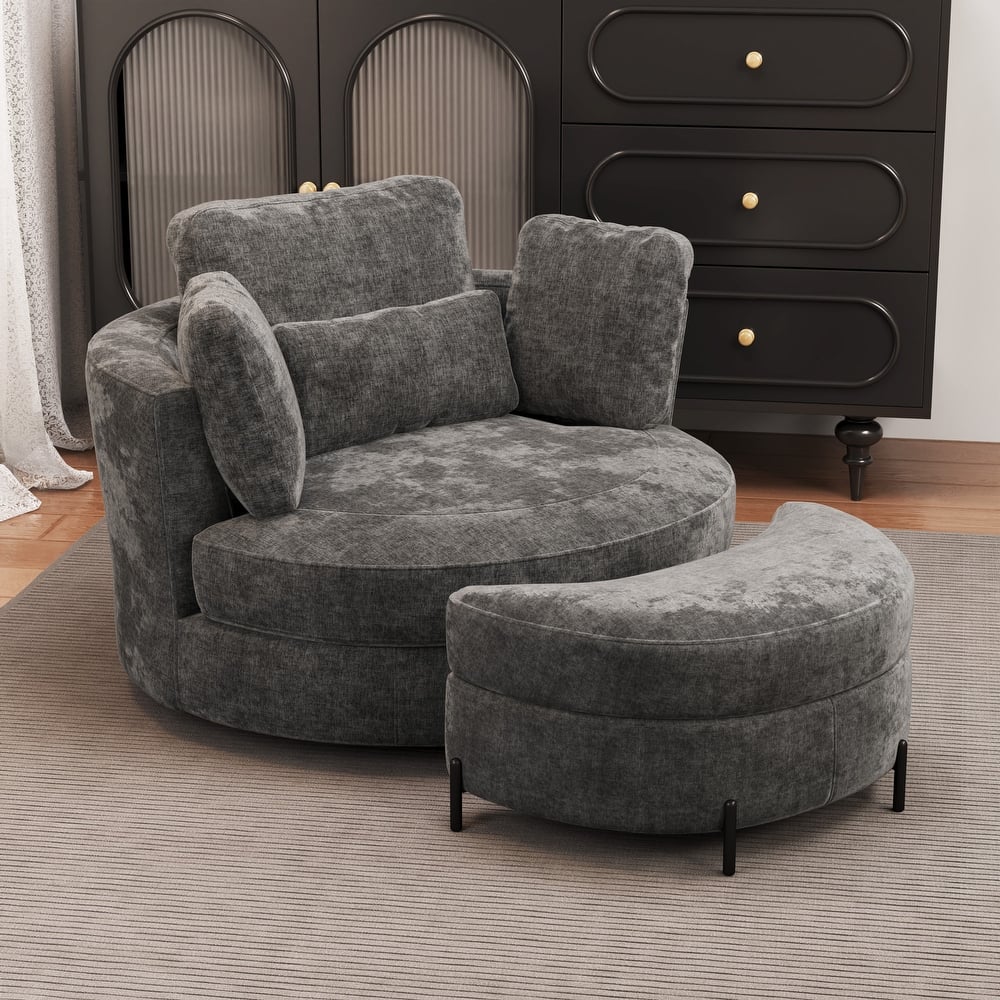 Modern 50.2"W Oversized Swivel Accent Chair, Chenille Barrel Chair With Storage Ottoman