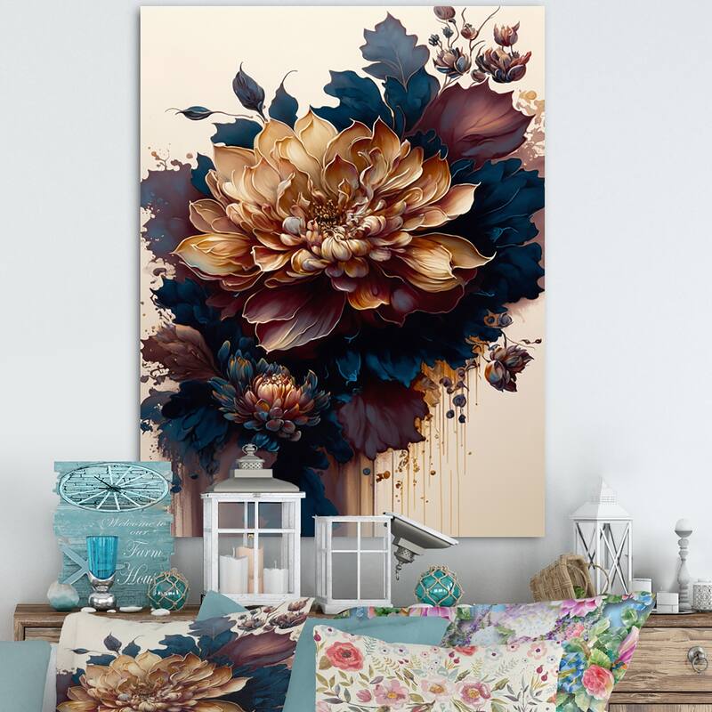 Designart 'Burgundy And Blue Dahlia Bunch II' Floral & Botanical Canvas ...