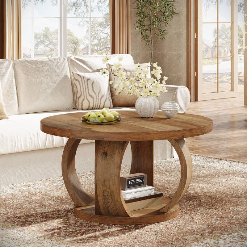 Round Coffee Table, 2-Tier Coffee Table with Storage, Wooden Center Table for Living Room, Apartment, Small Space