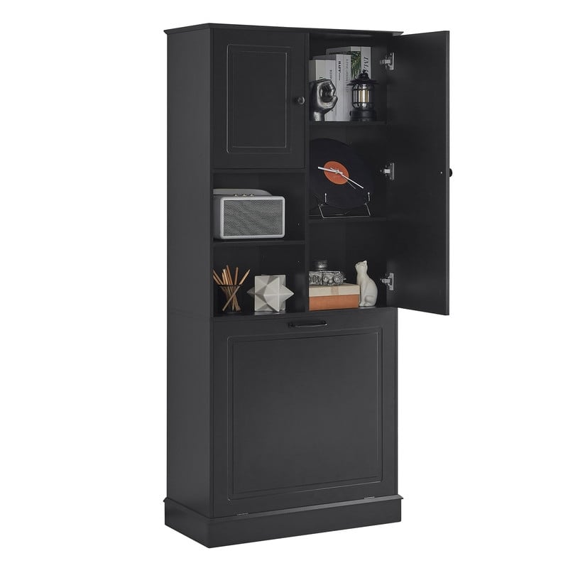 Tall Storage Cabinet with Adjustable Shelves, Large Flip-Out Basket & Enclosed Cabinets