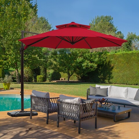 11ft Cantilever Adjustable Vertical Tilt Round Umbrella with Base Red