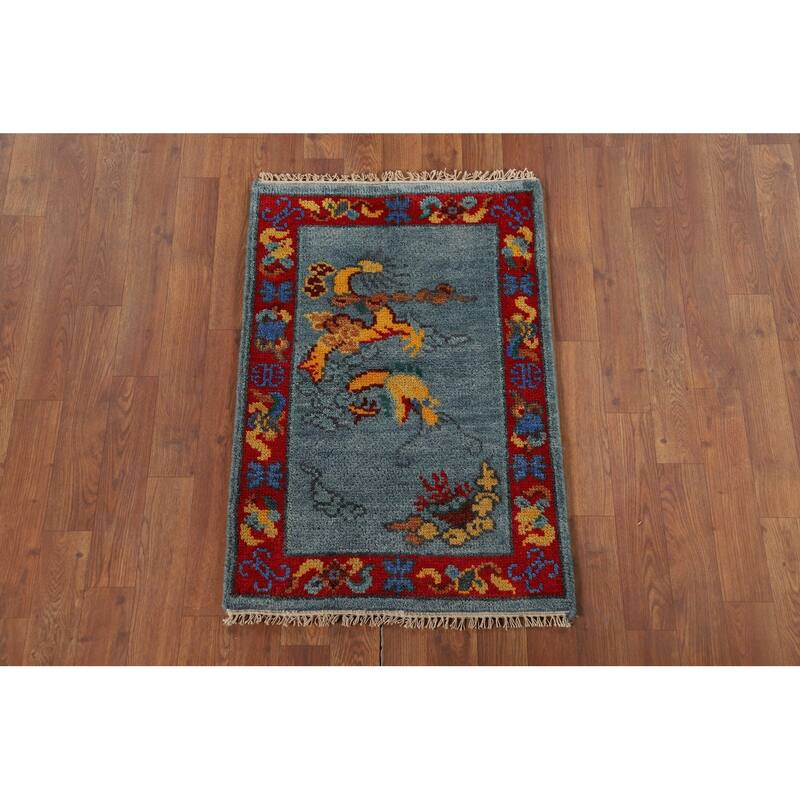 Hand Knotted Oriental 100% Wool Carpet Traditional Bordered Navy Blue & Blues Art Deco Area Rug - 3' 0'' X 2' 0''