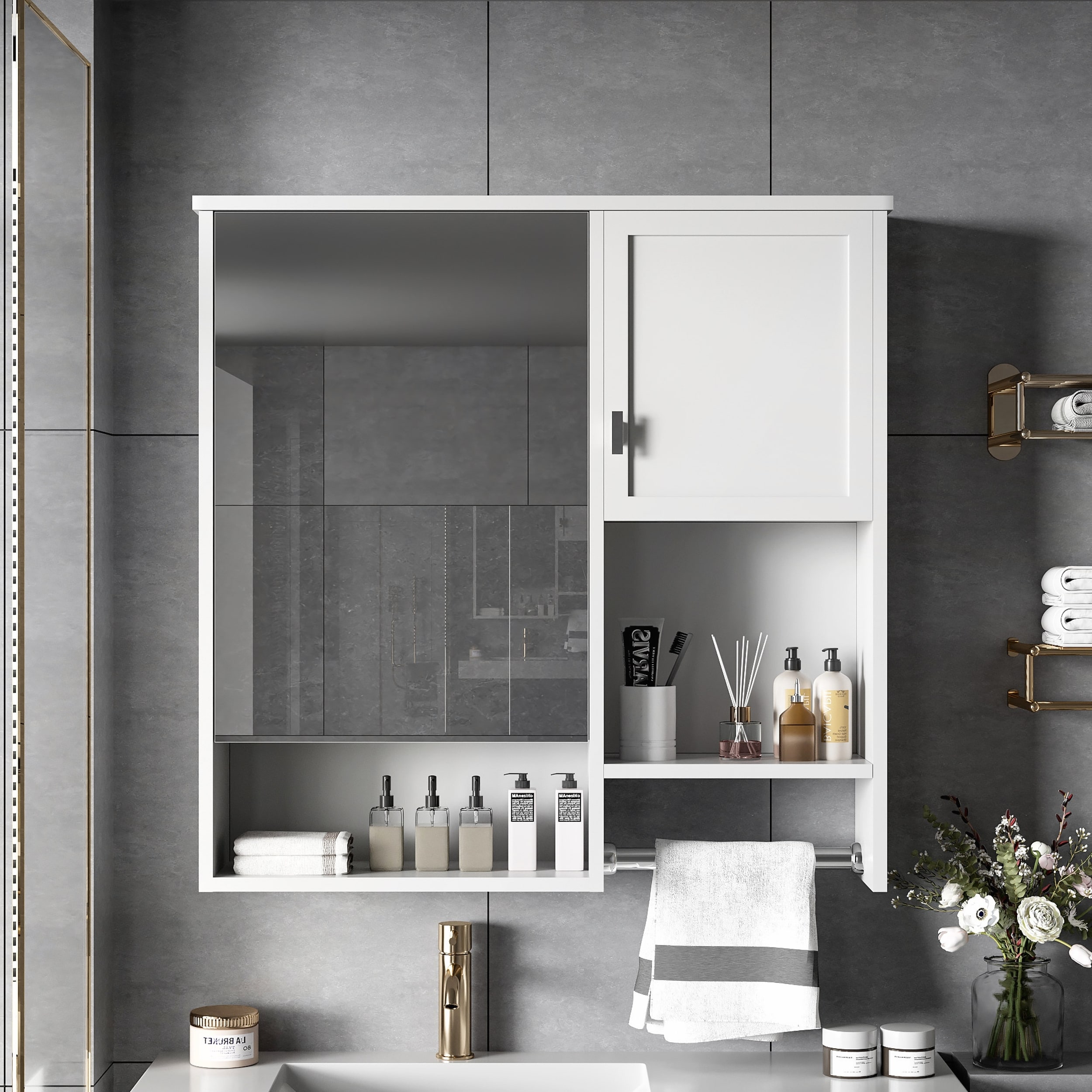Modern Wall Mounted Bathroom Medicine Cabinet with Mirror and Towel Bar for Bathrooms