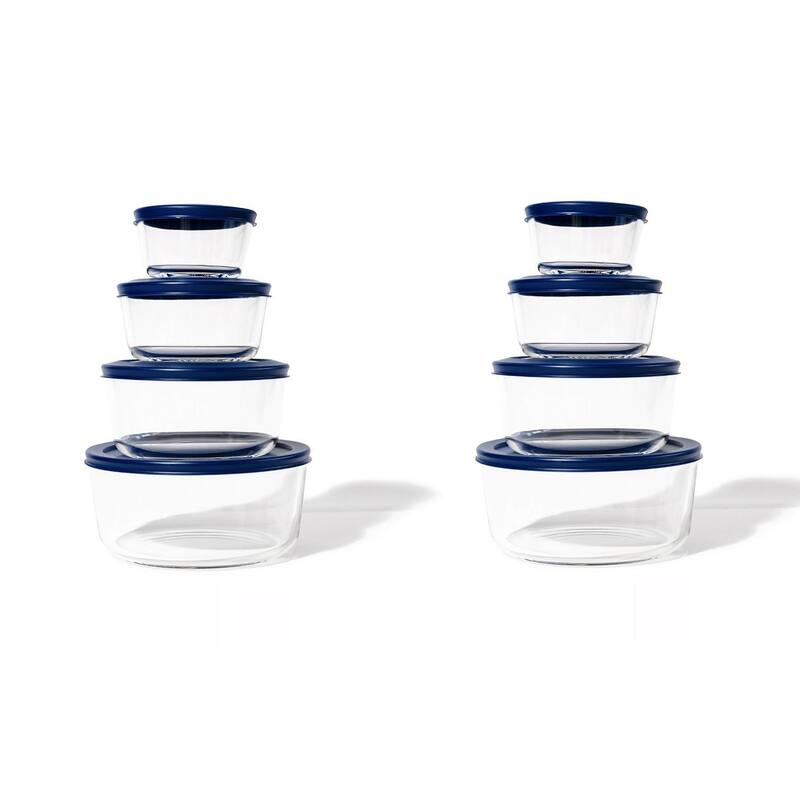 Glass Food Storage Set - Round Nesting, 8-Piece, BPA-Free, Airtight Lids, Microwave & Oven Safe - 16 Piece Set (8 Containers + 8 Lids) - Blue