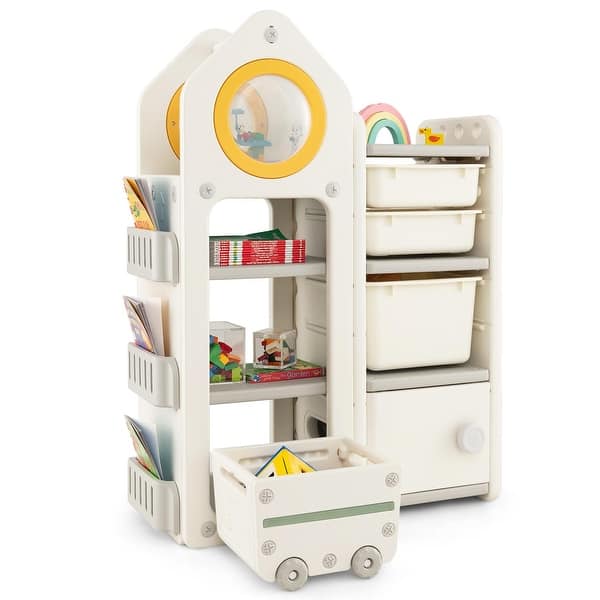 slide 2 of 8, Gymax Kids Toy Storage Organizer Multipurpose Bookshelf w/ Cabinets & Beige