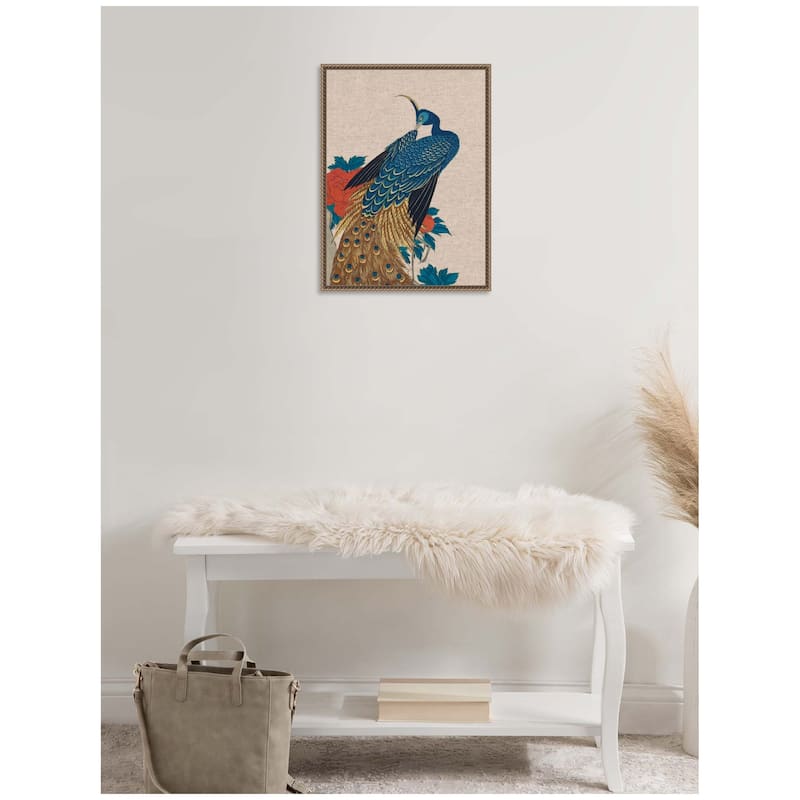 Kate and Laurel Sylvie Peacock and Peonies 1840 Utagawa Hiroshige Neutral Linen Framed Canvas by The Art Institute of Chicago