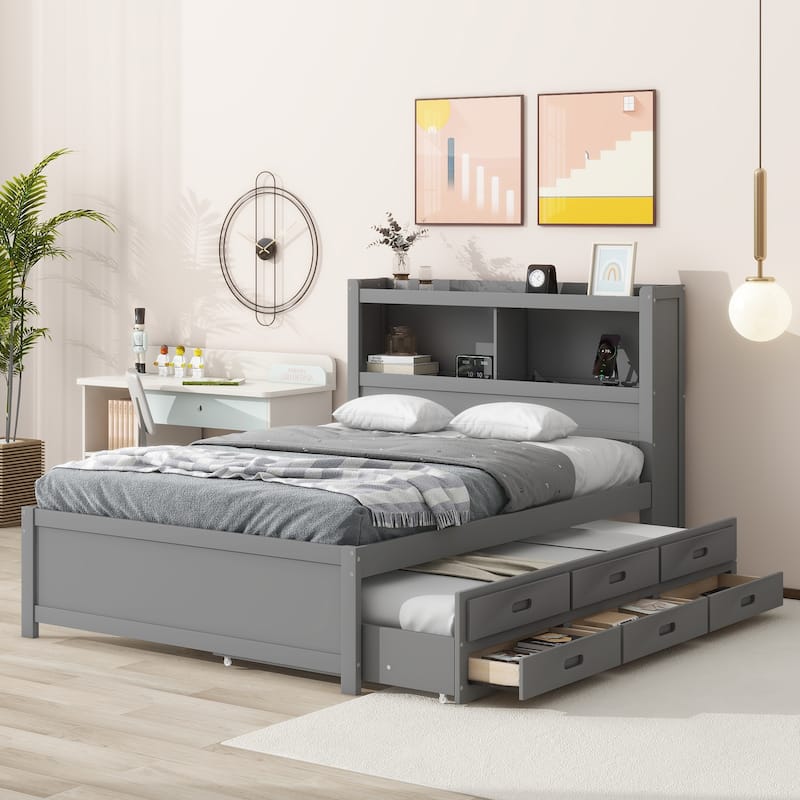 Full Platform Bed with Twin Size Trundle,Bookcase Headboard,Charging Station and 3 Drawers,Wood Full Storage Bed Frame for Kids - Grey