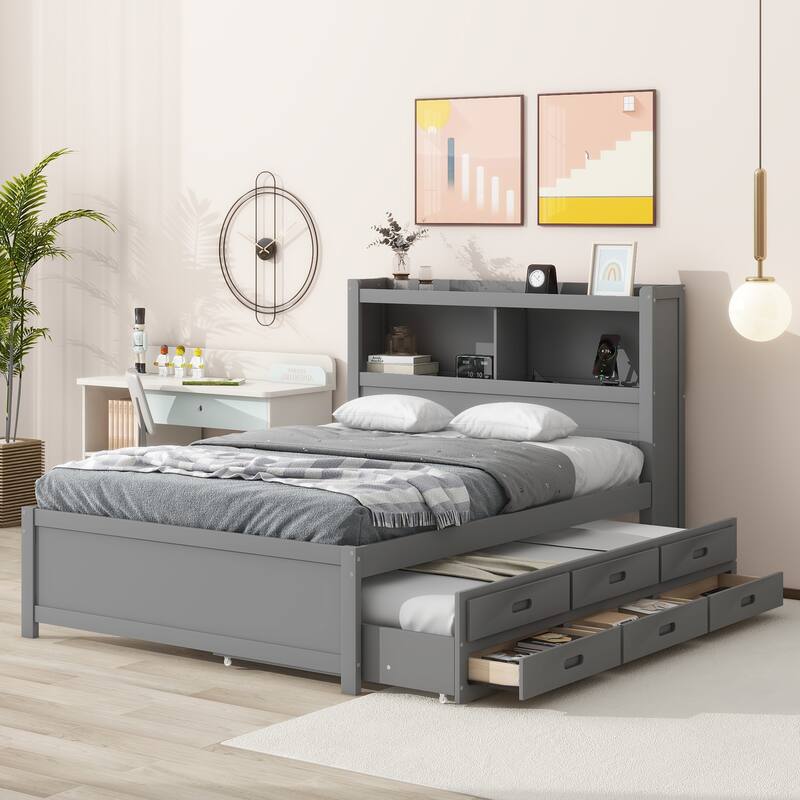 Full Size Storage Platform Bed with Trundle, Drawers and USB Ports in Gray