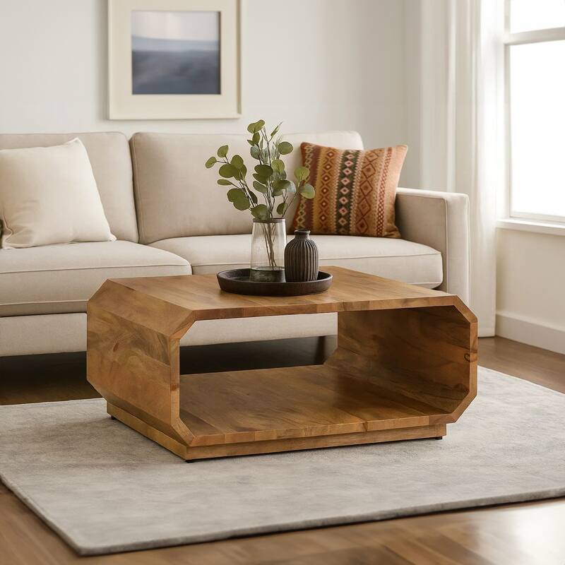 30 Inch Coffee Table, Handcrafted Hollow Cube Shape, Natural Brown Mango Wood
