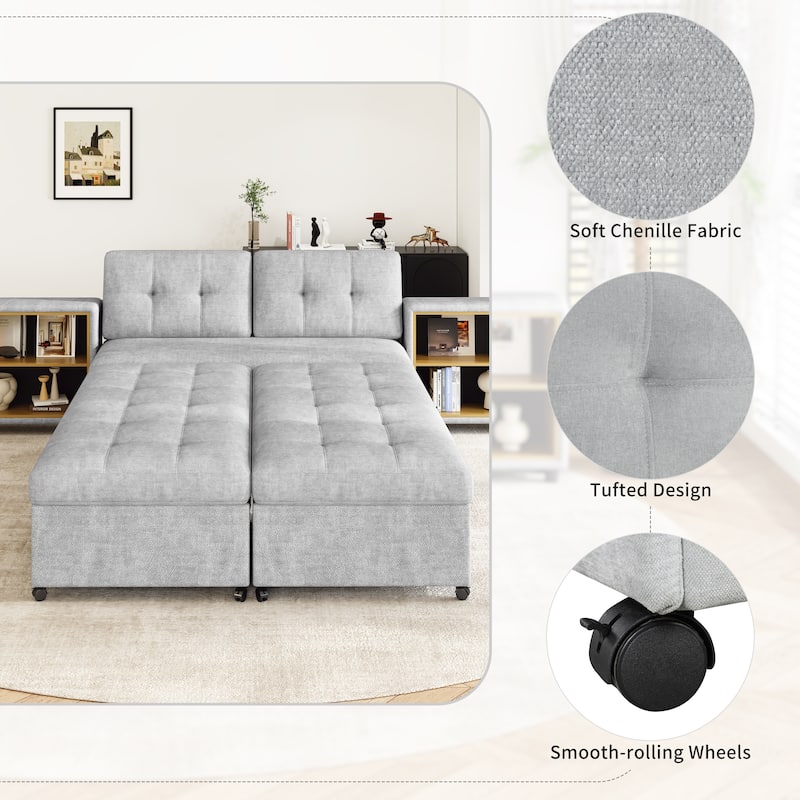 Versatile Modular Sectional Sofa Bed with 2 Storage Racks and Wheels
