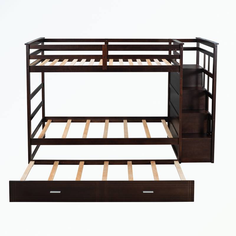 Hardwood Twin Over Twin Bunk Bed with Trundle and Staircase