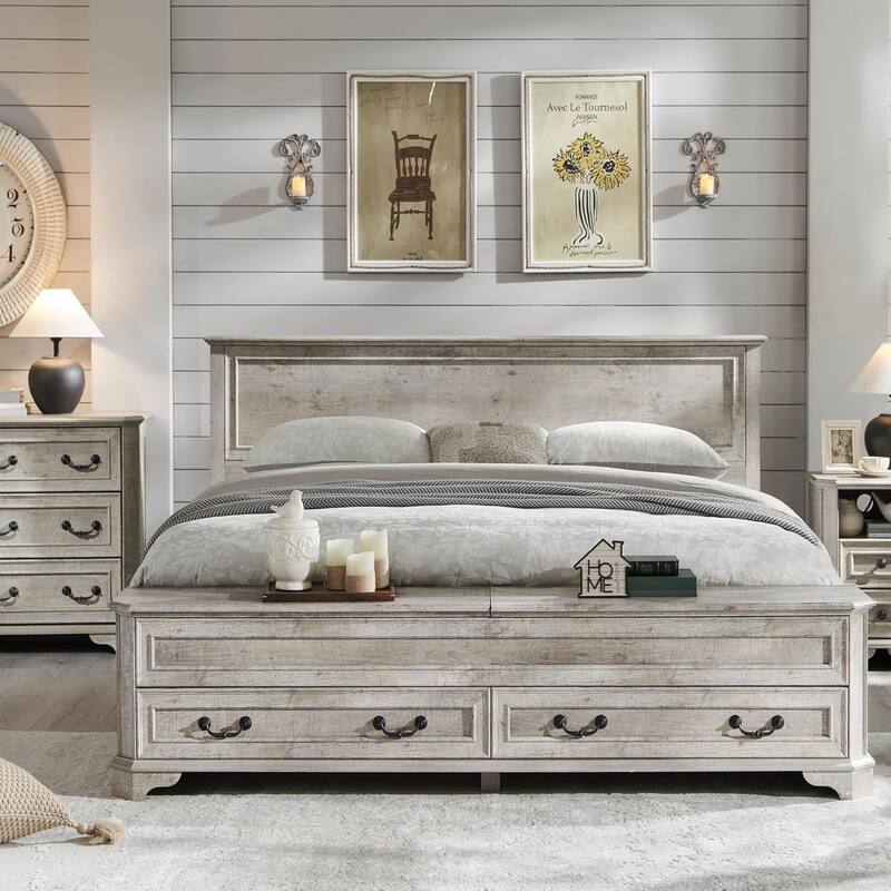 Farmhouse Bed Frame w/ Headboard & Storage Bench, Wood Platform Bed