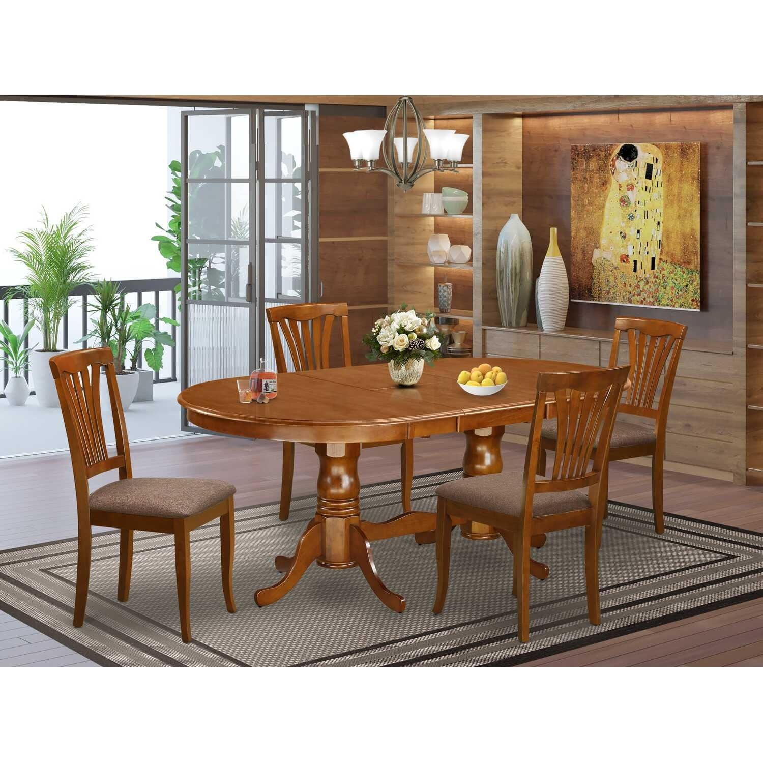 Modern Dining Room Set - Table & Chairs Set - 9 Piece Oval Table with Wood Seat Chairs - Buttermilk & Cherry, Saddle Brown