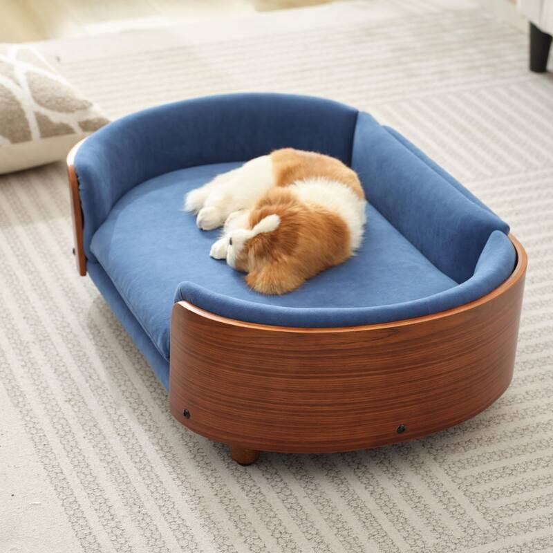 Scandinavian Velvet Pet Sofa with Wood Legs & Curved Back - Medium
