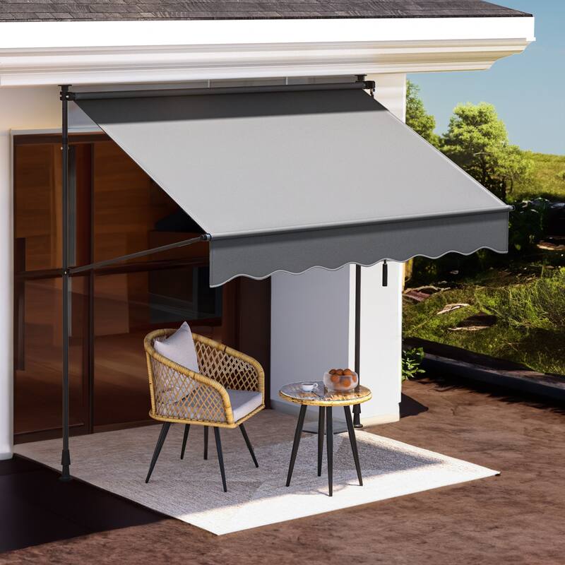 Mosis 13' x 4' Manual Retractable Awning, Non-Screw Freestanding Patio Sun Shade Shelter with Support Pole Stand - 4.9*3.9 Ft - Grey