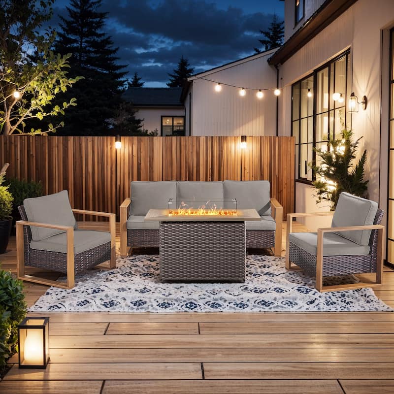 Pocassy 4 Pieces Outdoor Sofa Patio Chair with Fire Pit Table Set - Gray cushion - Brown Wicker
