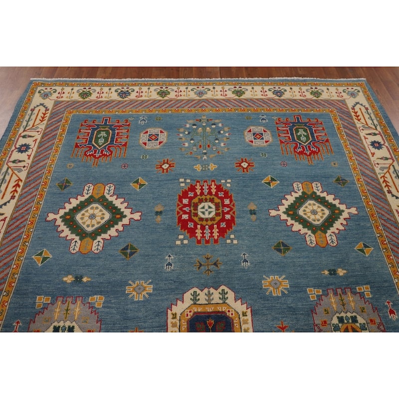 Blue Geometric Kazak Oriental Area Rug Handmade Wool Carpet - 6'8" x 9'7"