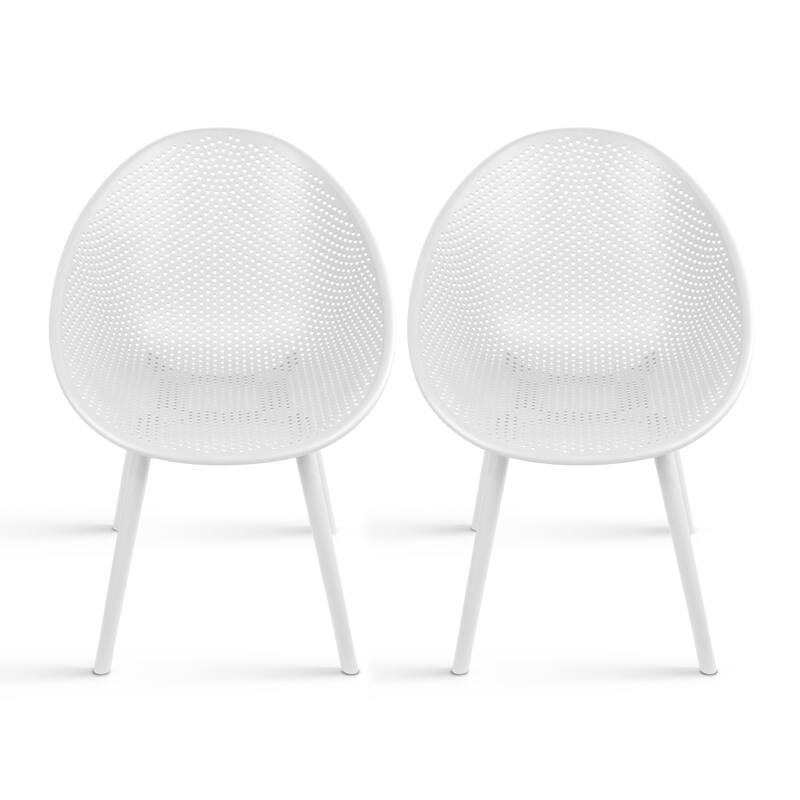 Set of 2 Mid-Century Modern Plastic Dining Chair Plastic Legs with Breathable Perforated Egg Shaped Seat for Indoor/Outdoor Use - White