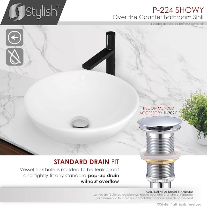 STYLISH 16 inch White Porcelain Round Vessel Bathroom Sink - 16" x 16" x 6 1/4"