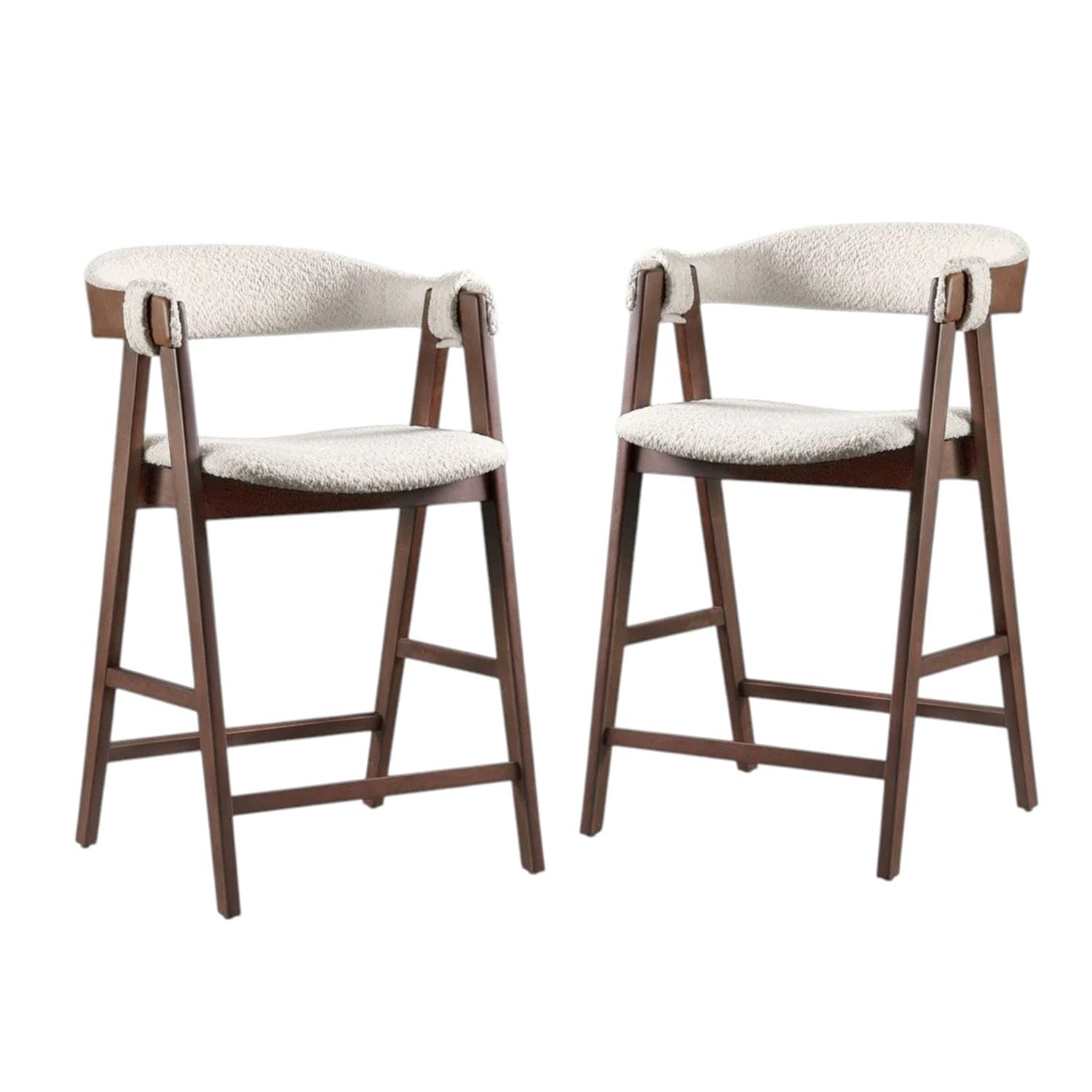 Set of 2 Boucle Upholstered Stools in Walnut and Beige