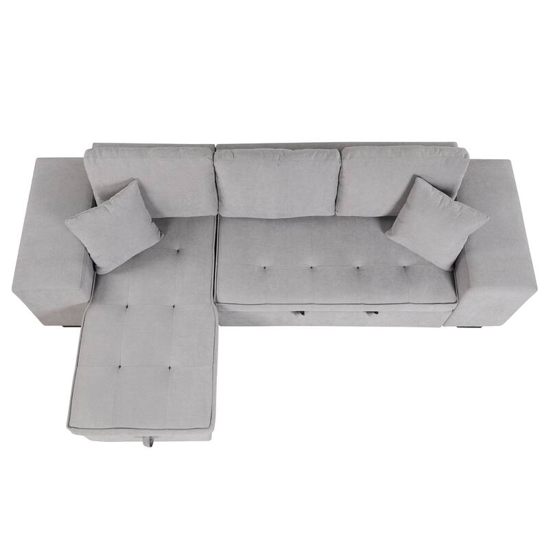 Modern L Shaped Sleeper Sofa with Pull Out Bed and Chaise Storage and Extra Stools for Apartments or Guest Rooms