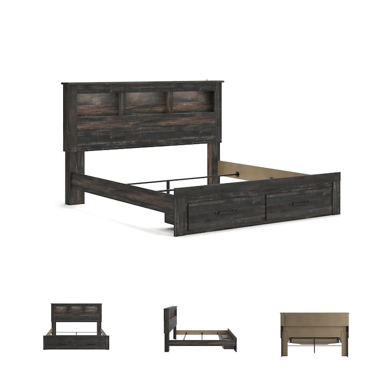 Drystan Rustic Brown Bookcase Bed with Footboard Storage Drawers