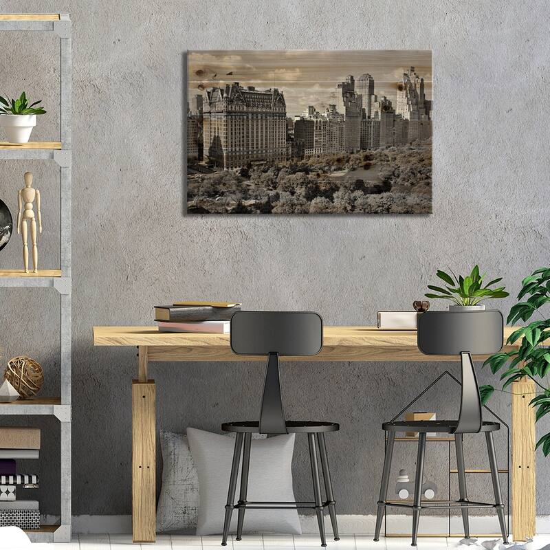 1950s Skyline Of New York City Manhattan 57Th Street Along Central Park Plaza Hotel Print On Wood by Vintage Images