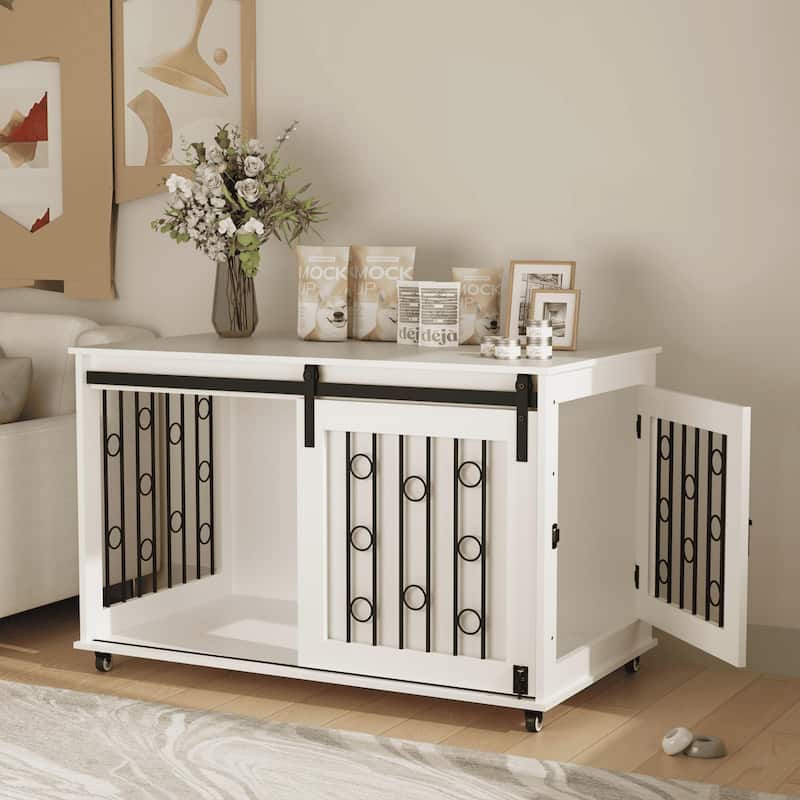 Modern Wooden Dog Crate Furniture with Sliding Barn Door and Side Door