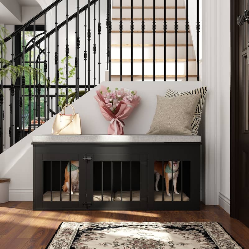 Chic Pet Haven: Luxe Wooden Dog Crate & Designer Home Bench - 47.2"