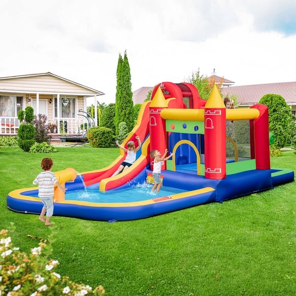 slide 2 of 7, 9-in-1 Inflatable Bounce Castle with Waterslide Water Cannon for 3+