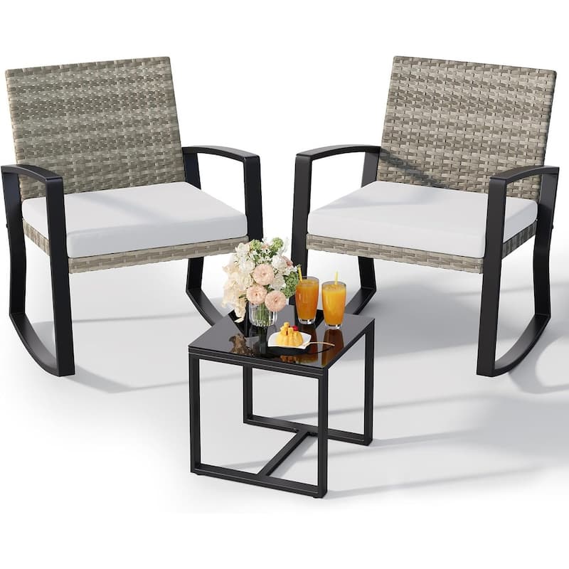 3 Pieces Wicker Patio Set with Cushion Outdoor Chair Set with Glass Table Rattan Chair Modern Bistro Set - White