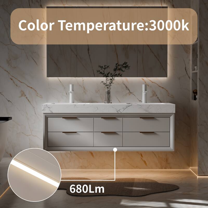 Modland 60" Modern Floating Bathroom Vanity with Double Sink, Soft-Close Drawers, White Stone Countertop