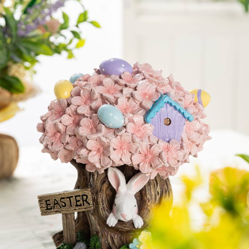 Glitzhome Easter Resin Egg Shaped House Table Decor Bunny & Pink Blossoms Figurine