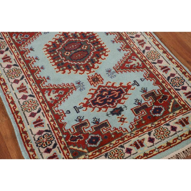 Light Blue Geometric Viss Indian Foyer Rug Handmade Wool Carpet - 2'11"x 4'9"