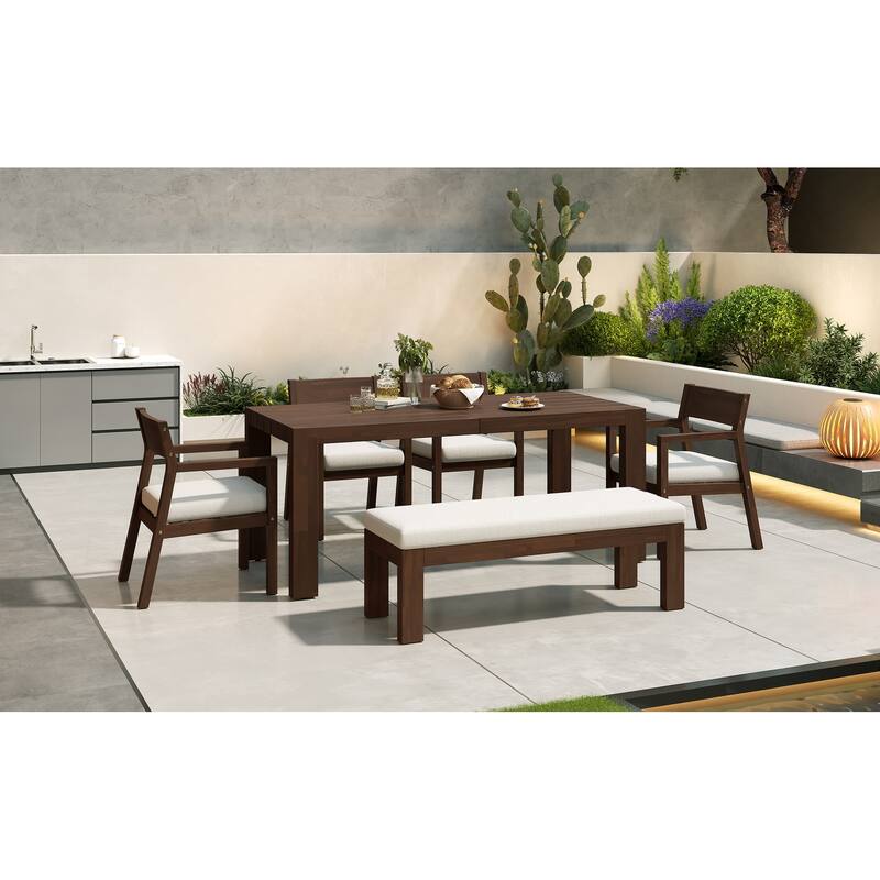 Outdoor Patio Dining Table Set for 6 - Person with Umbrella Hole Acacia Wood and Removable Cushions - Mocha