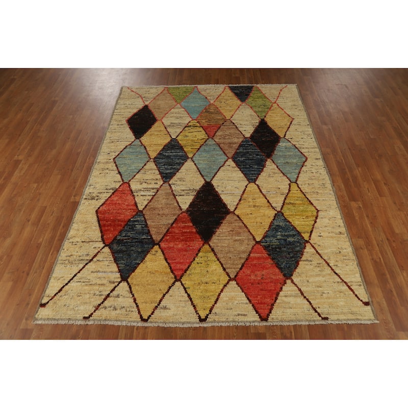 Trellis Moroccan Oriental Area Rug Hand-Knotted Modern Wool Carpet - 6'7" x 9'0"