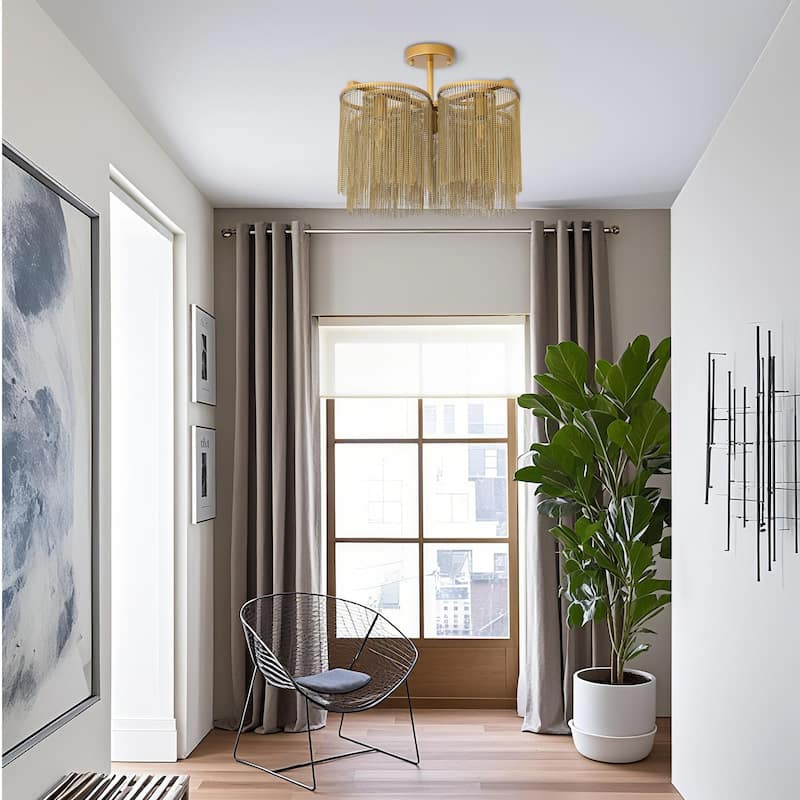 5-Light Glam Gold Fringe Semi Flush Mount Light - Brushed Gold