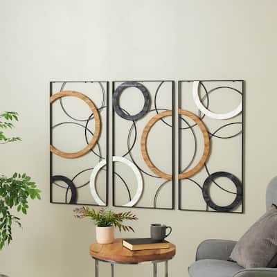 Black Metal Overlapping Circles Abstract Home Wall Decor with Brown and White Wooden Accents (Set of 3)