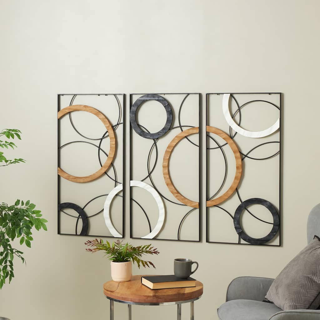 Black Metal Overlapping Circles Abstract Home Wall Decor with Brown and White Wooden Accents (Set of 3)