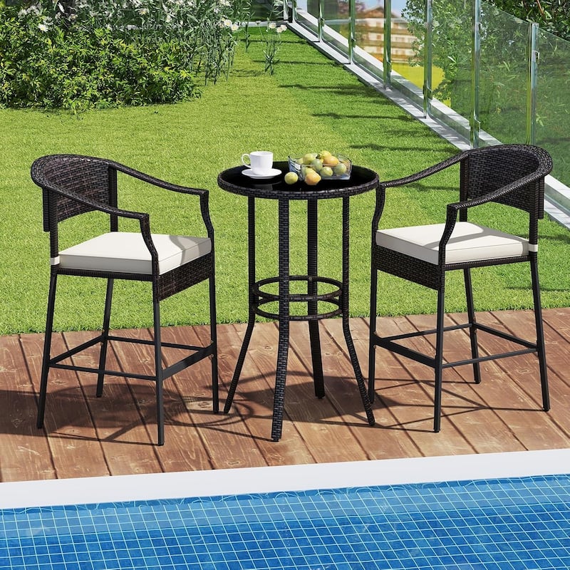 3PCS Patio Rattan Bar Set Cushioned High Top Bistro Furniture