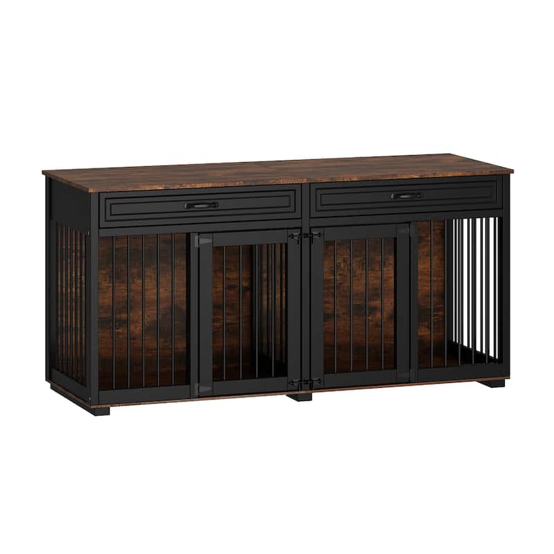 Furniture Style Double Dog Crate with Drawers, 64.6" Wooden Pet Kennel End Table, Removable Divider, Heavy Duty Metal Bars