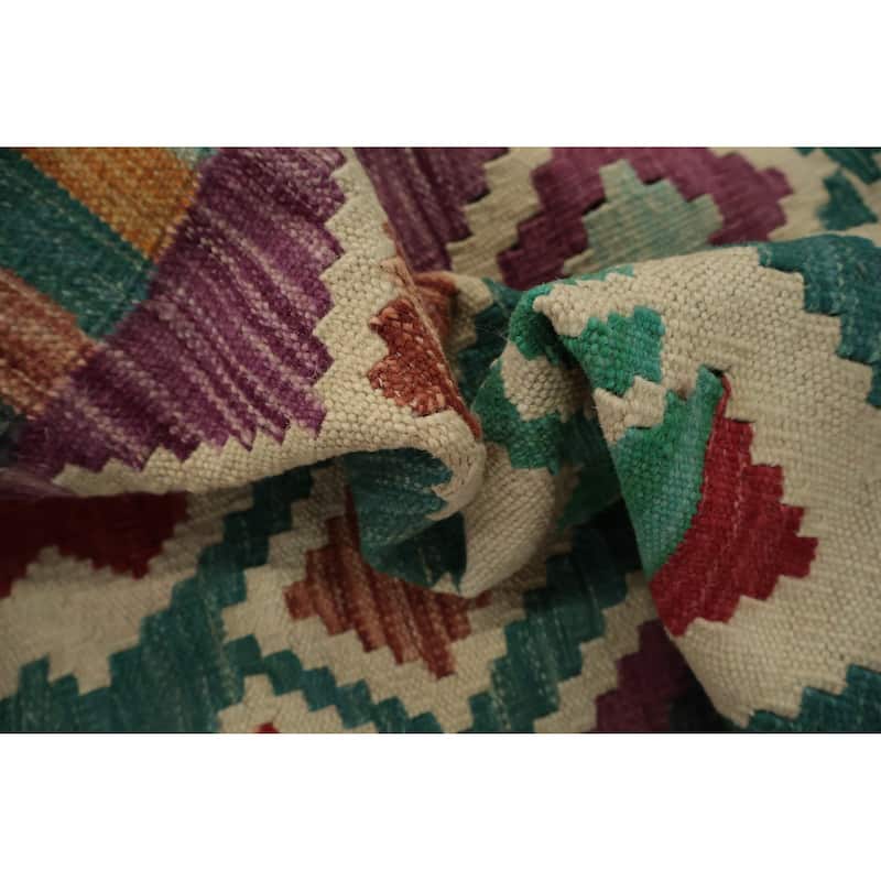 Hand Woven Oriental 100% Wool Carpet Southwestern Tribal Green Kilim Runner Rug - 9' 6'' X 2' 9''